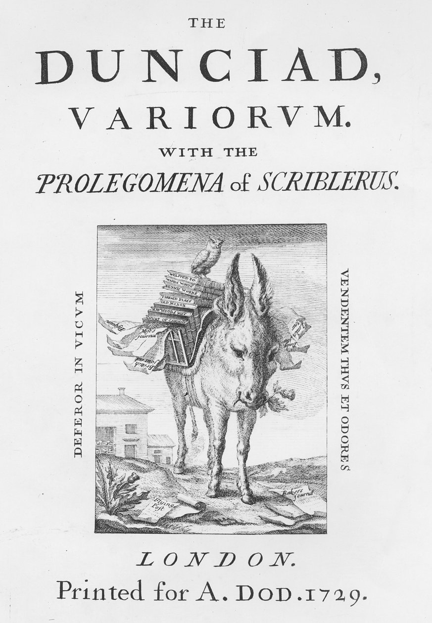 Frontispicio y portada de La Dunciada Variorum por Alexander Pope, 1729 de English School