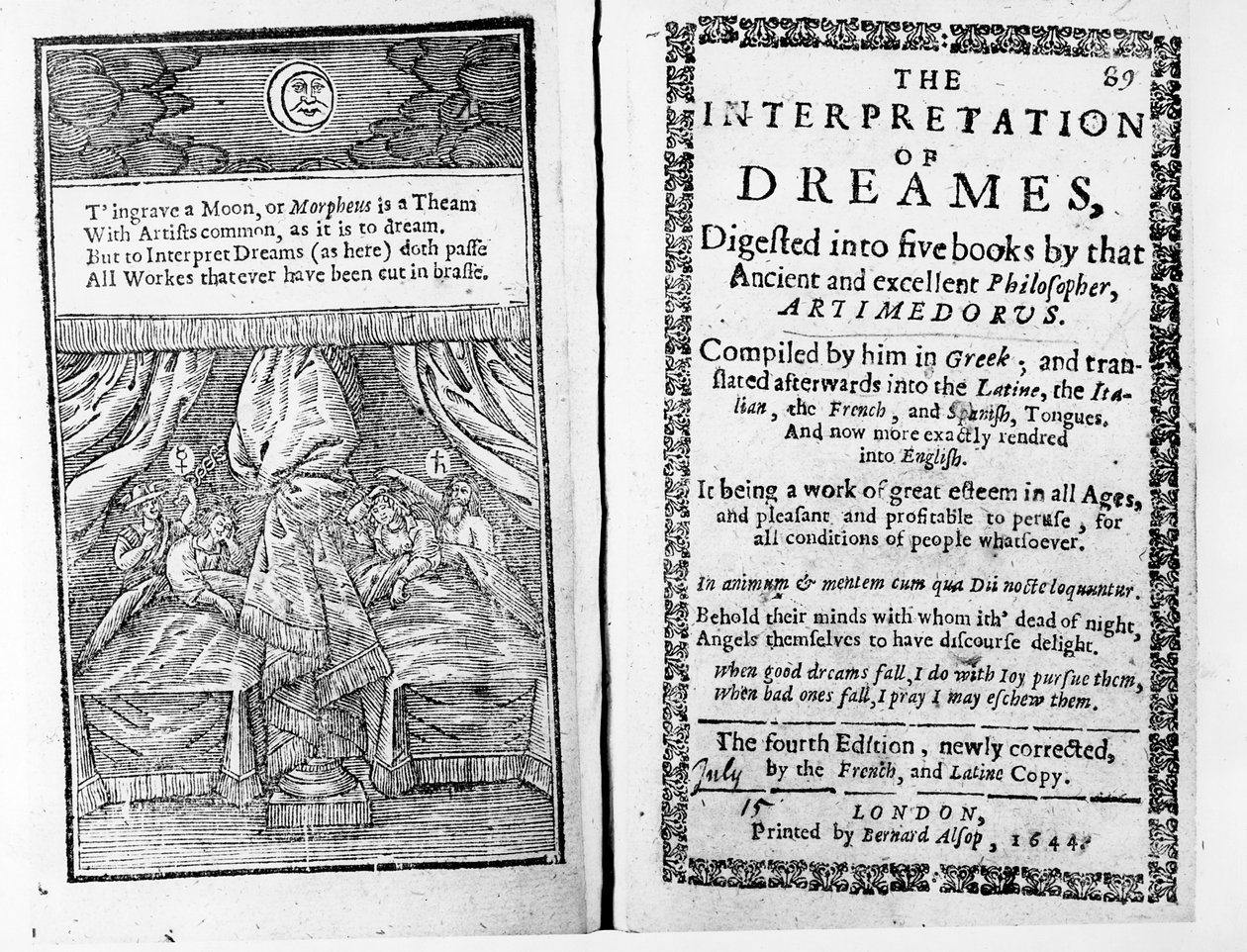 Frontispicio y página de título de La Interpretación de los Sueños por Artemidoro, edición inglesa publicada en 1644 de English School