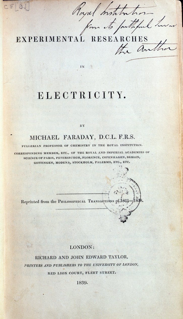 Portada de Investigaciones Experimentales en Electricidad de Michael Faraday (1791-1867) publicado en 1839 de English School
