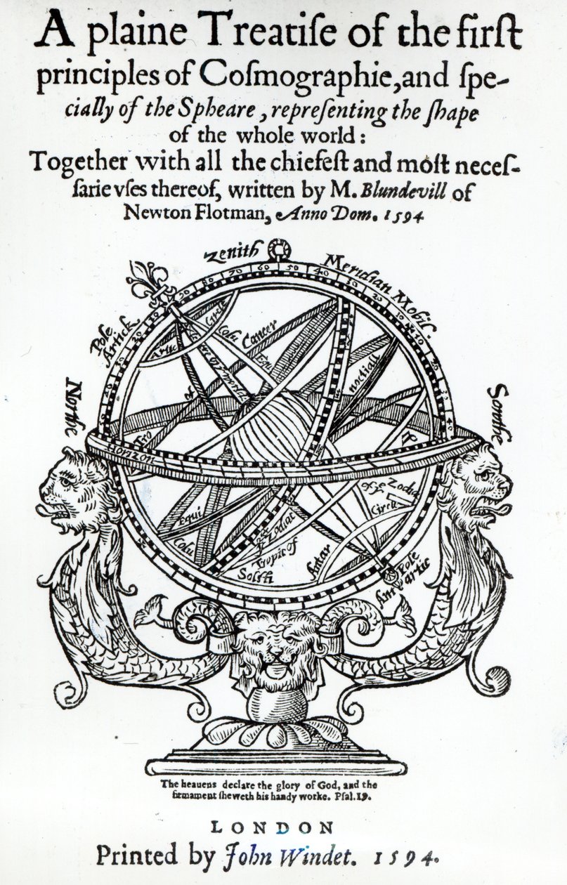 Frontispicio de Un Tratado Sencillo de los Primeros Principios de la Cosmografía por Thomas Blundeville, publicado en 1594 de English School