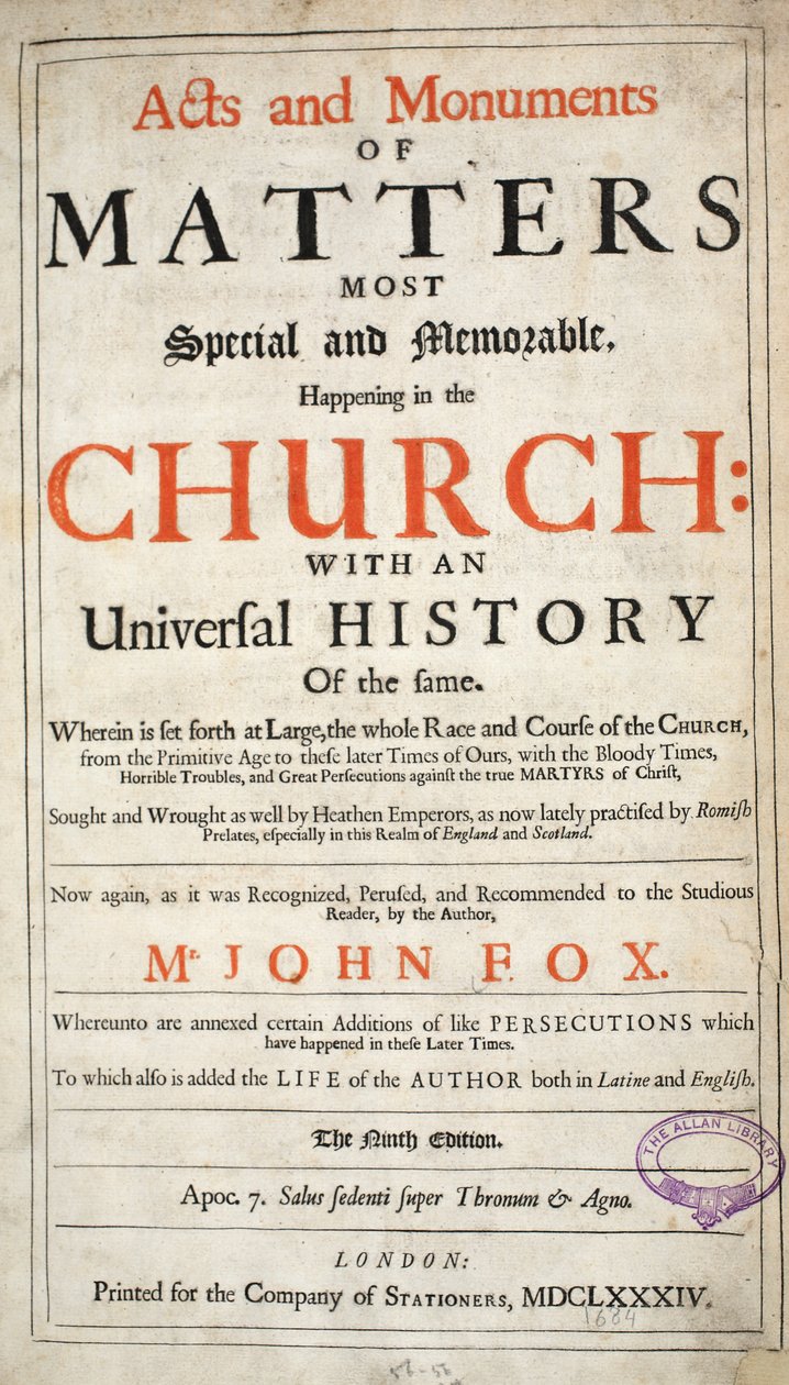 Frontispicio, de Hechos y Monumentos de John Foxe, novena edición, pub. 1684 de English School