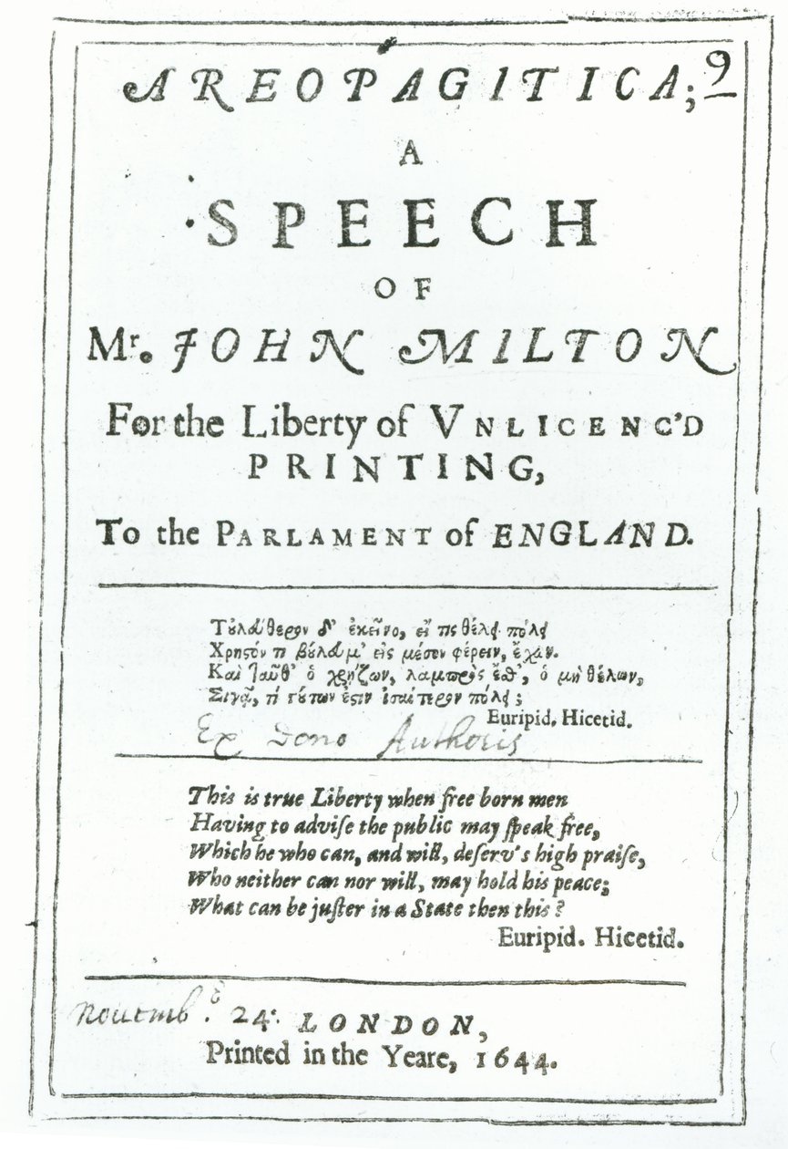 Frontispicio de Areopagitica, un discurso de John Milton, publicado en 1644 de English School