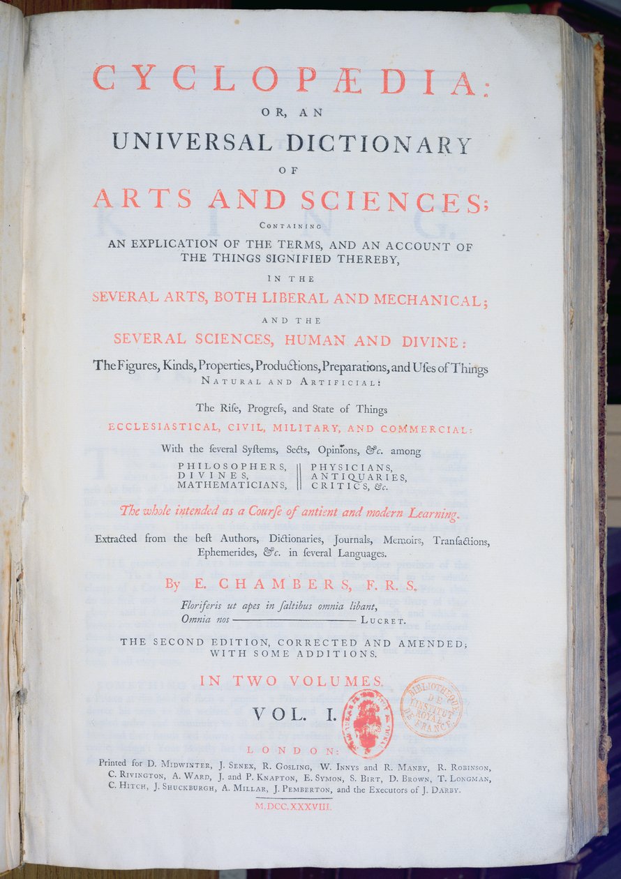 Frontispicio de la Enciclopedia: Un Diccionario Universal de Artes y Ciencias, Vol. I, por Ephraim Chambers, Londres, 1738 (papel impreso) de English School