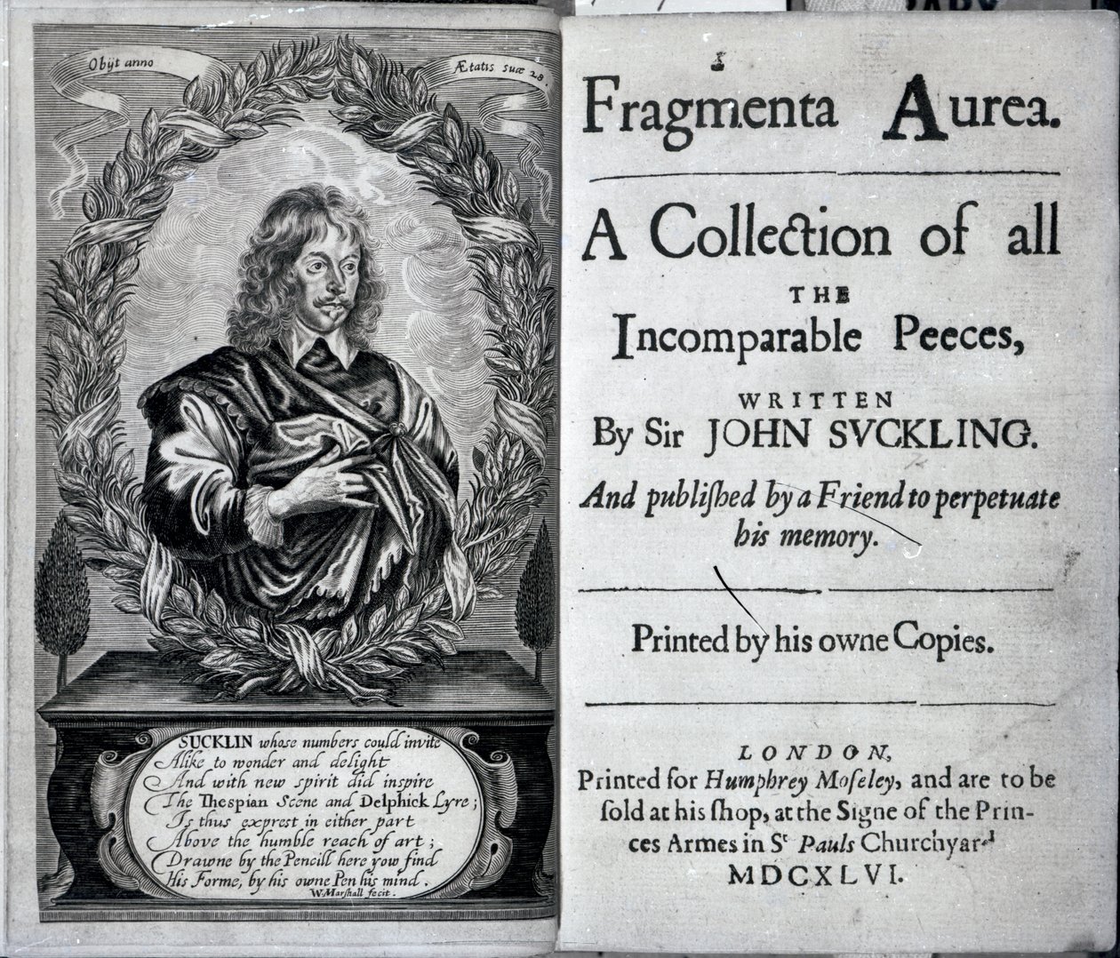 Frontispicio de Fragmenta Aurea, una colección de todas las piezas incomparables escritas por Sir John Suckling, publicada en 1646 de English School
