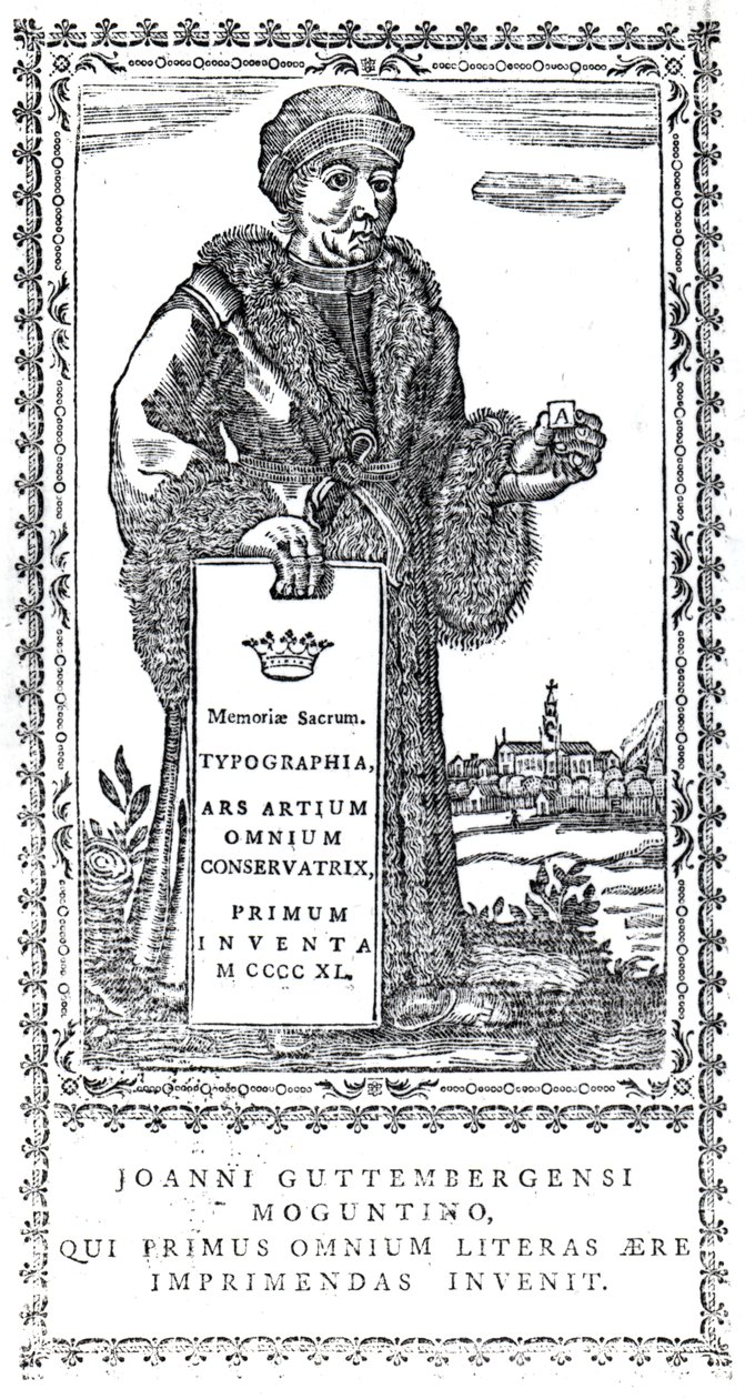 Frontispicio de Johannes Gutenberg de Una Historia Concisa del Origen y Progreso de la Impresión por Philip Luckombe, publicado en 1770 de English School