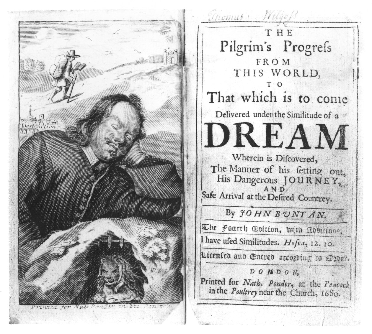 Portada de El progreso del peregrino de John Bunyan (1628-88) publicado en 1680 de English School