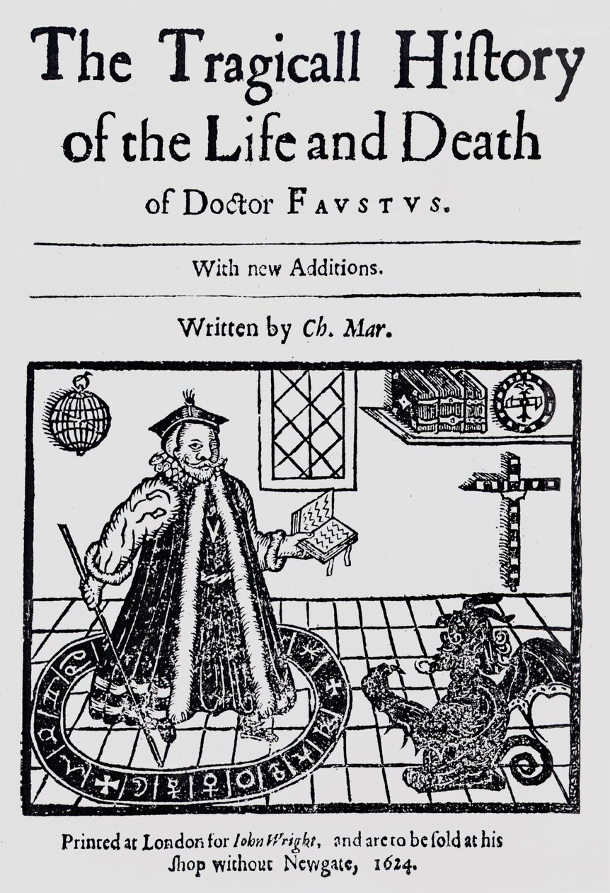Frontispicio de La trágica historia de la vida y muerte del Doctor Fausto, por Christopher Marklin, c.1616 de English School