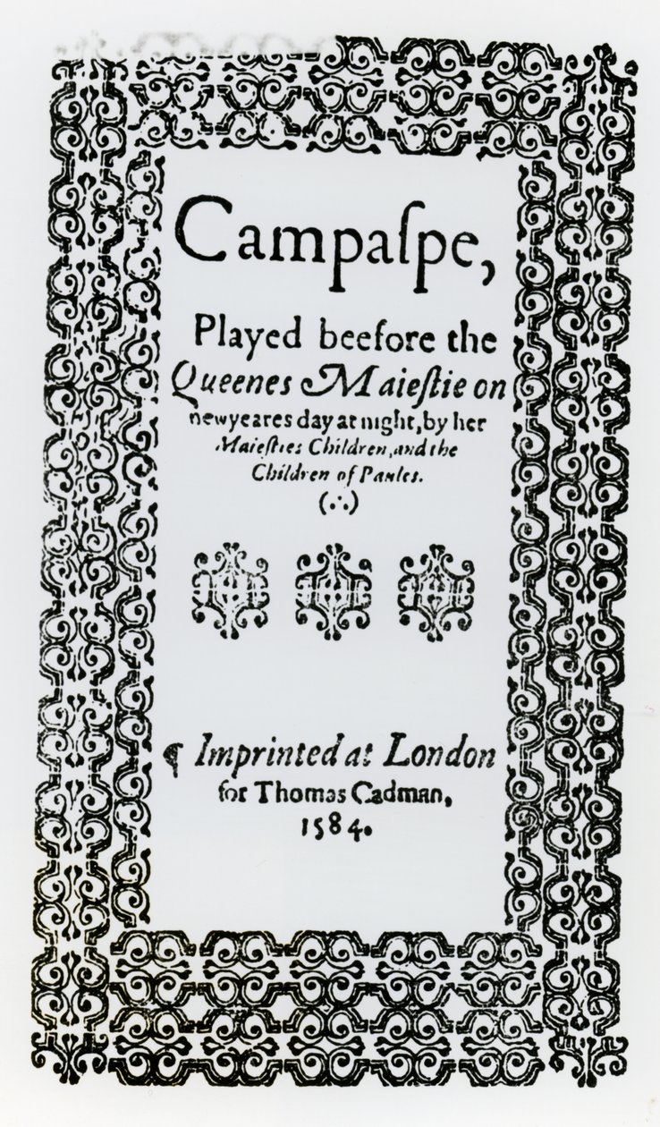 Frontispicio de Campaspe por John Lyly, 1584 de English School