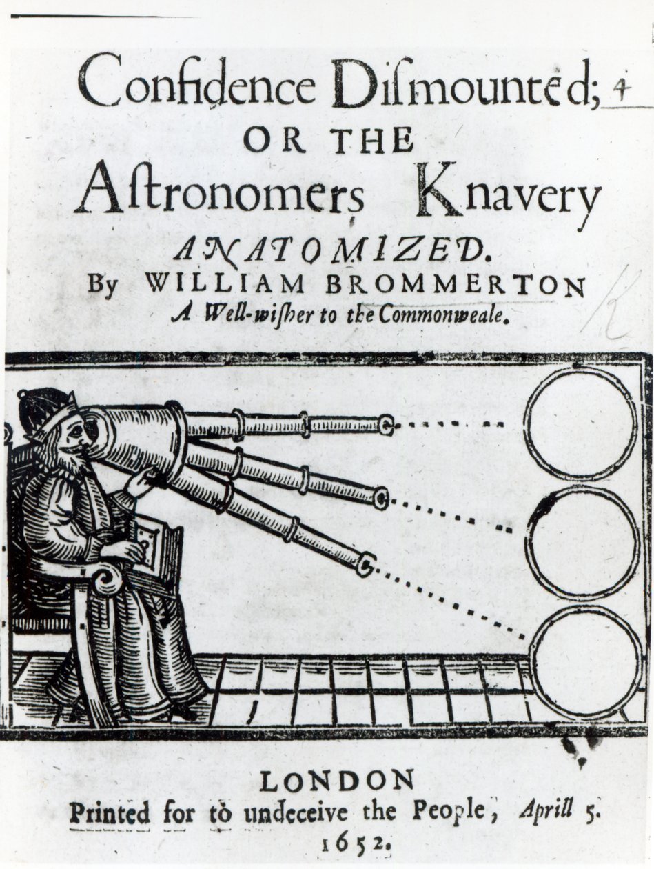 Frontispicio de La Confianza Desmontada; o la Travesura de los Astrónomos Anatomizada por William Brommerton, publicada en 1652 de English School
