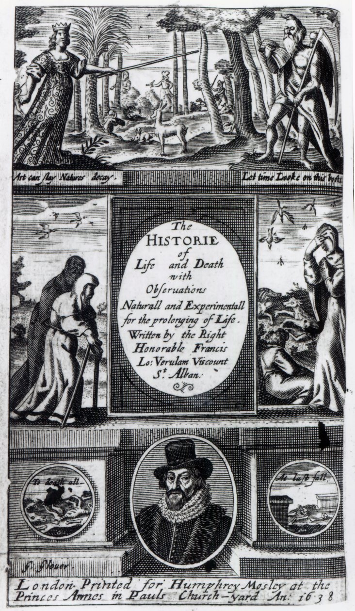 Frontispicio de La historia de la vida y la muerte de Francis Bacon, publicada en 1638 de English School