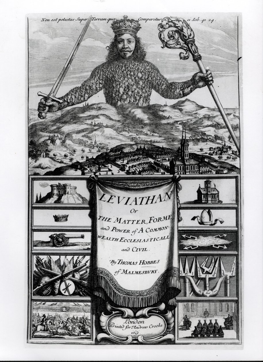 Frontispicio de Leviatán o la materia, forma y poder de una comunidad eclesiástica y civil, 1651, por Thomas Hobbes de Malmesbury de English School