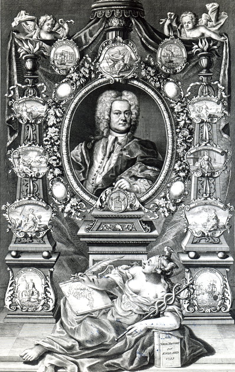 Frontispicio de Historia Naval de Inglaterra por Thomas Lediard, publicado en 1735 de English School