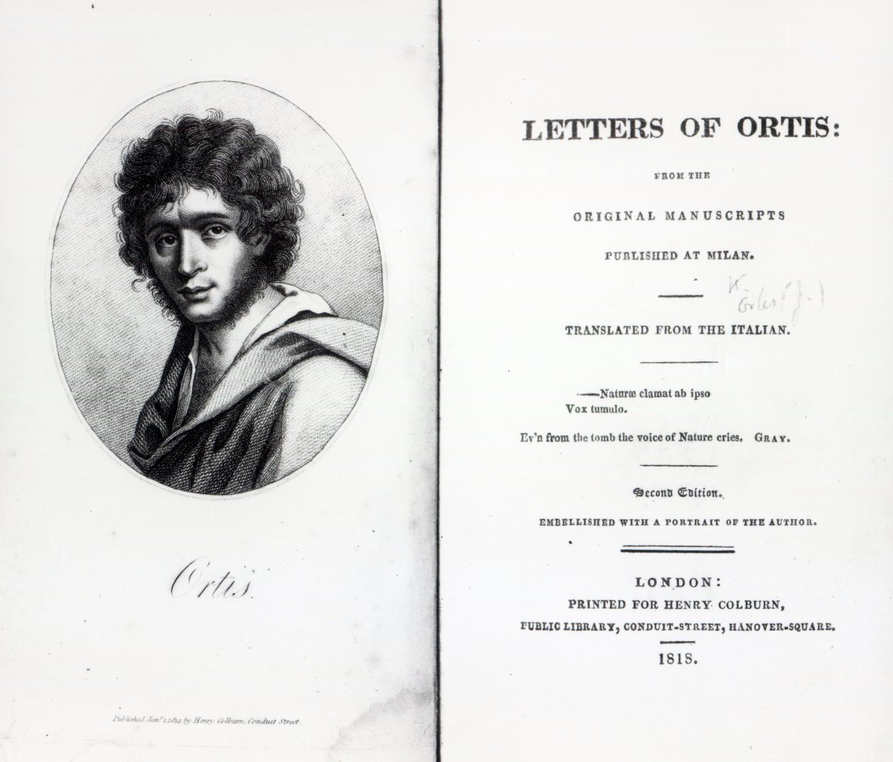 Portada de Las Cartas de Ortis de Niccolo Ugo Foscolo, edición publicada en 1818 de English School