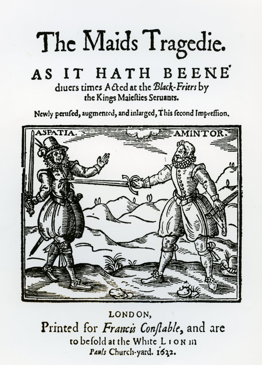 Frontispicio de The Maids Tragedy por Sir Francis Beaumont y John Fletcher, 1622 de English School