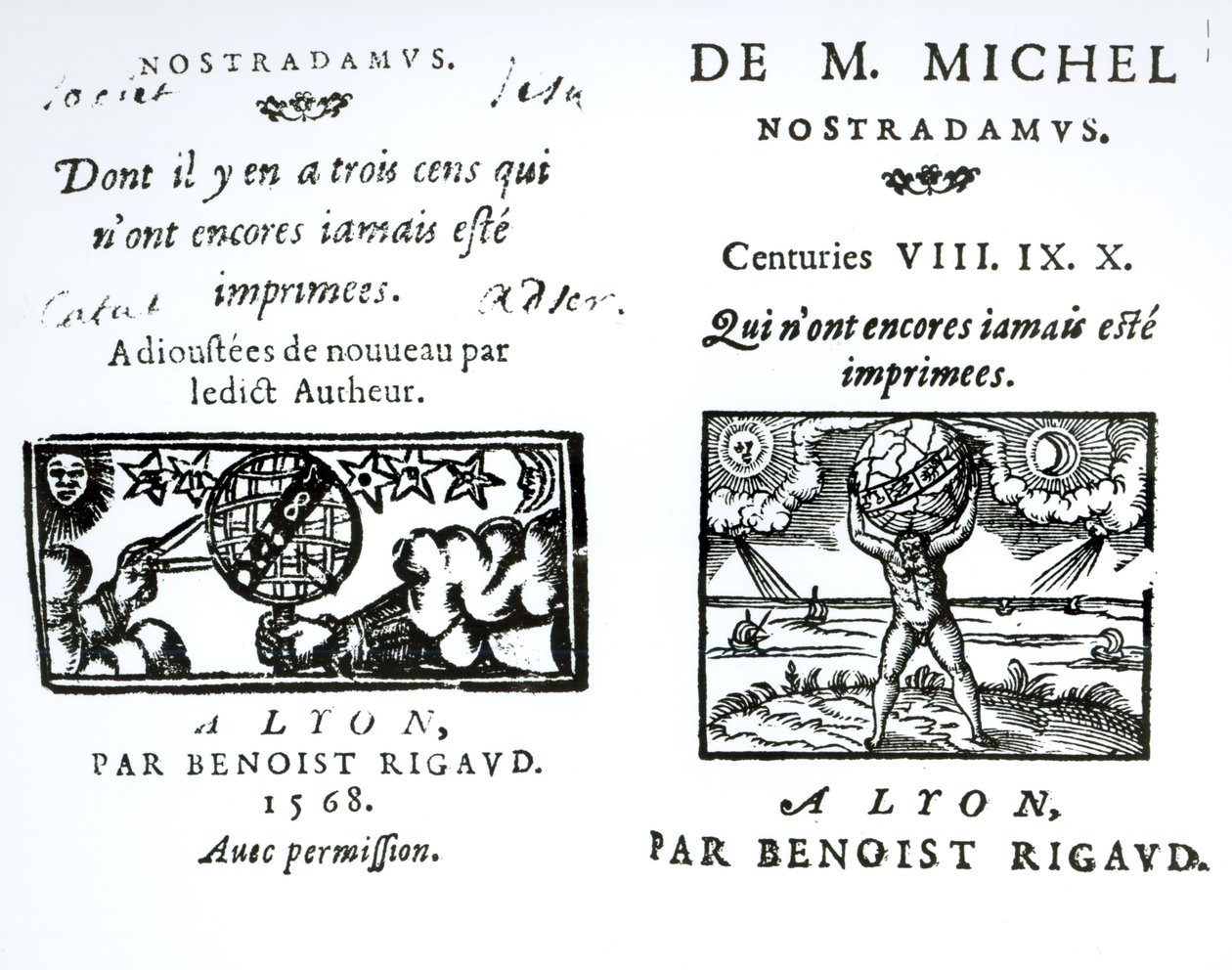 Frontispicio de Las Profecías de M. Michel Nostradamus, pub. por Benoist Rigaud, 1568 de English School