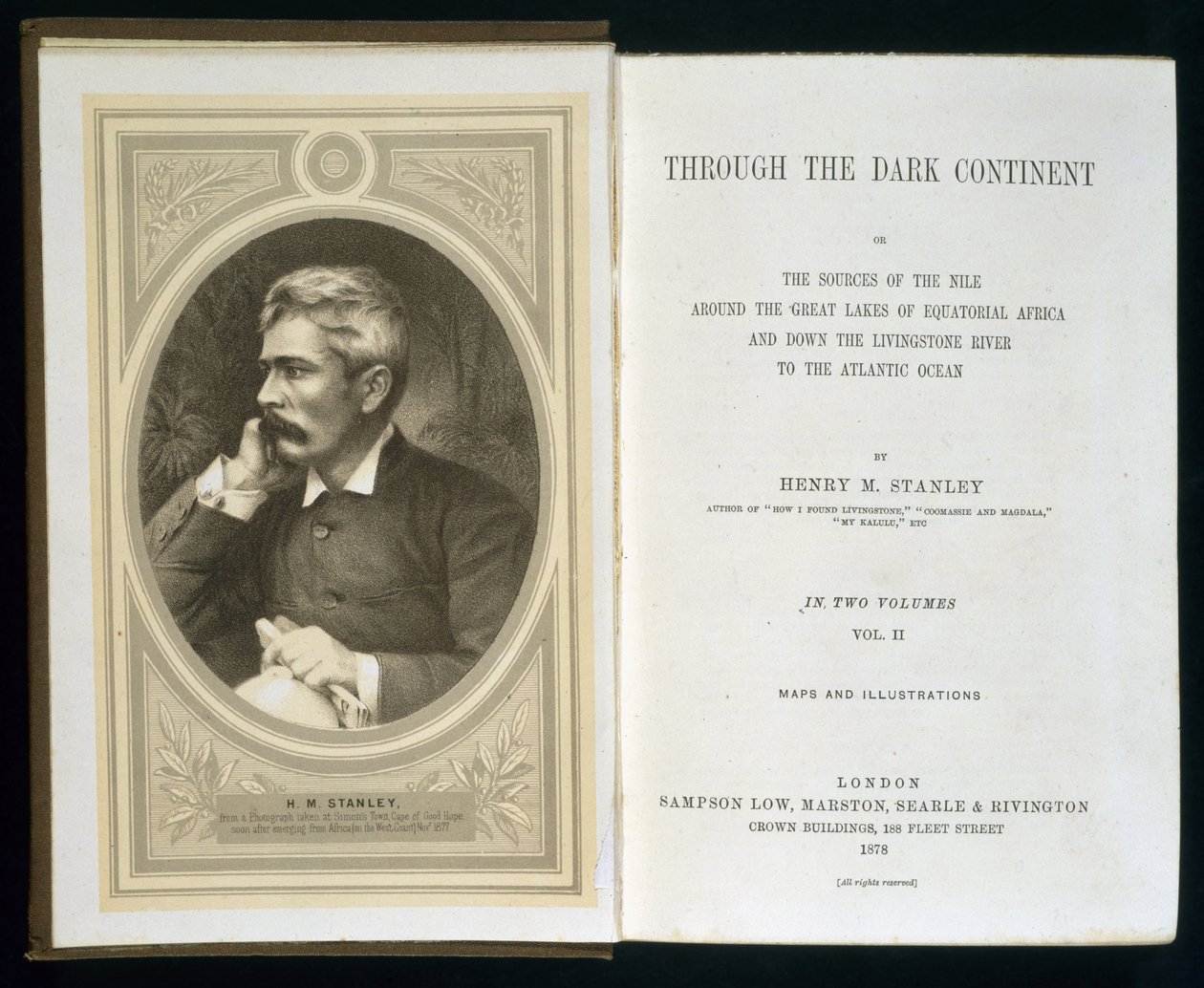 Frontispicio de A través del Continente Oscuro, por Henry M. Stanley, publicado en 1878 de English School