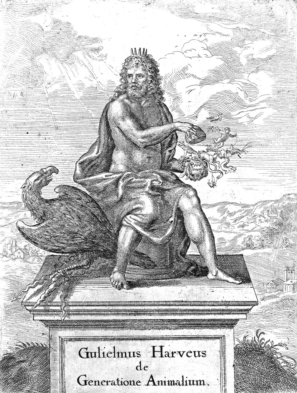 Frontispicio de De Generatione Animalium de William Harvey publicado en 1651 de English School