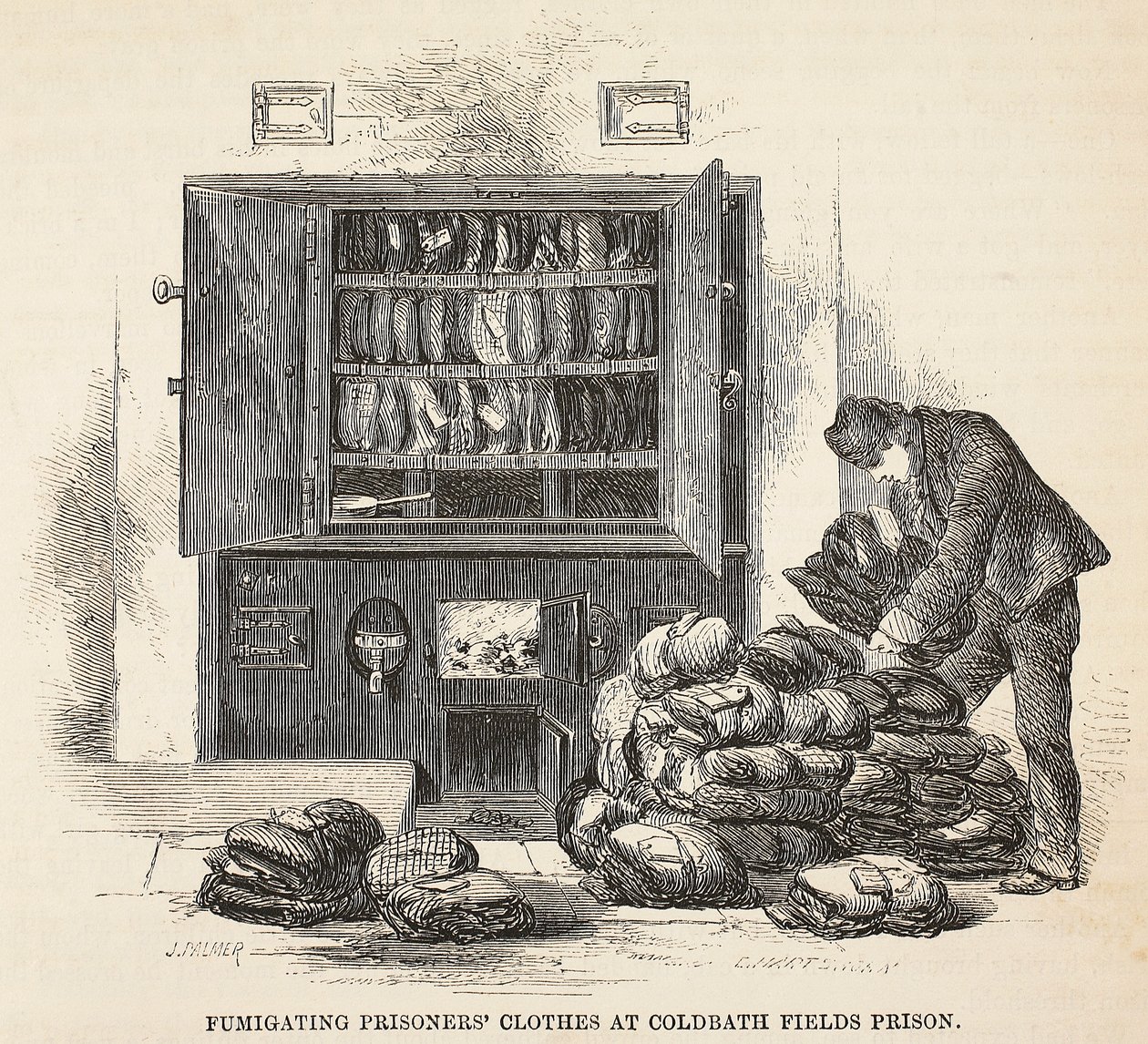Ropa de prisioneros fumigada en la prisión de Coldbath Fields, ilustración de Las prisiones criminales de Londres y escenas de la vida en prisión de Henry Mayhew y John Binny, pub. 1862 de English School