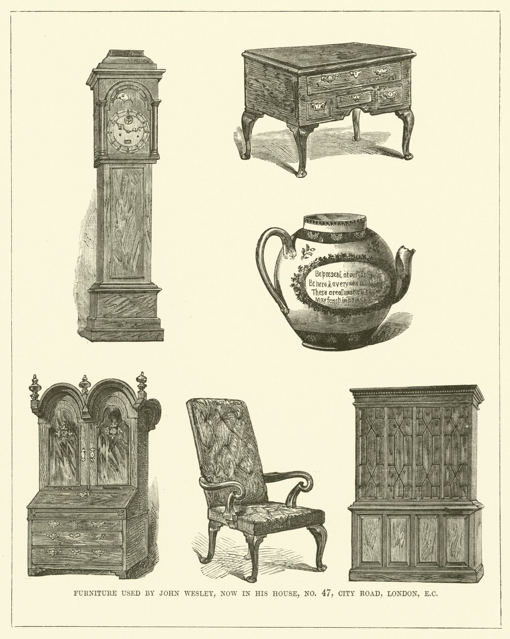 Muebles utilizados por John Wesley, ahora en su casa, nº 47, City Road, Londres, CE (grabado) de English School