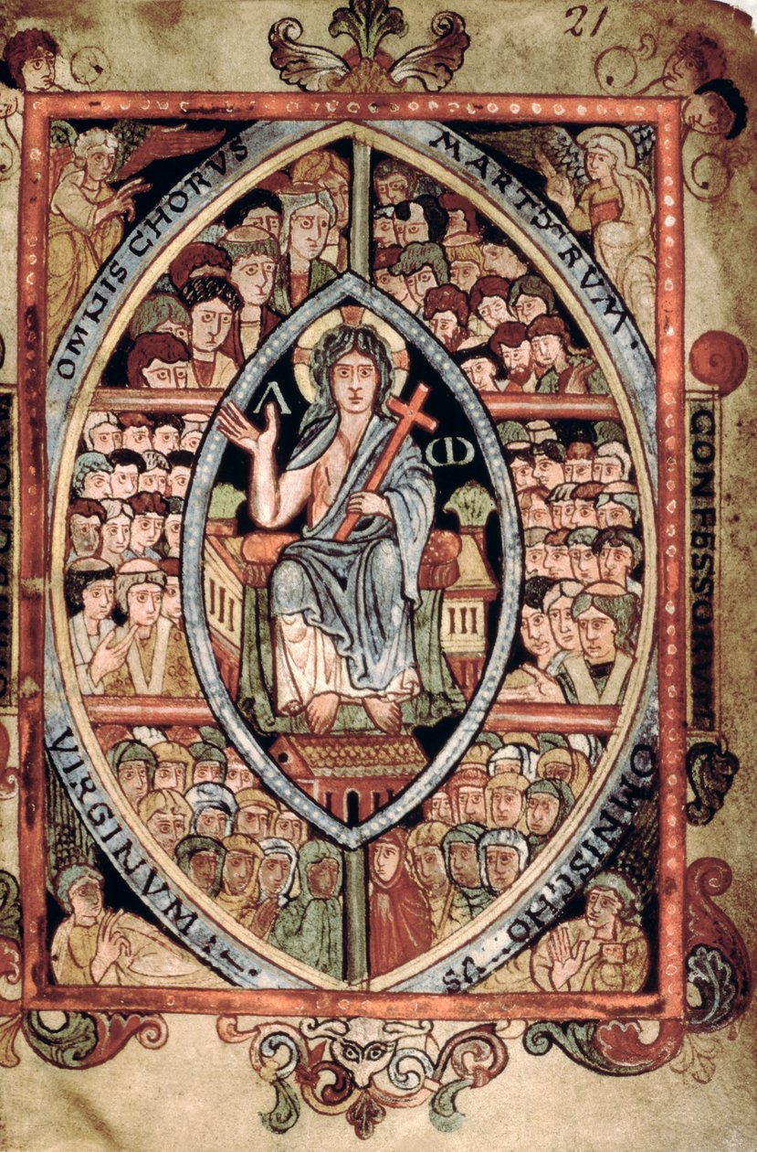 Galba A XVIII f.21r, Cristo en Majestad, del Salterio Athelstan, Old Minster, Winchester, 925-50 (vitela) de English School
