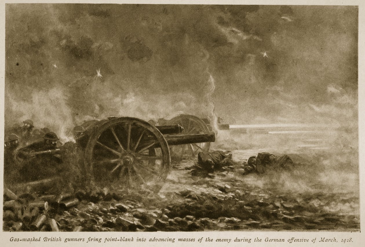Artilleros británicos con máscaras de gas disparando a quemarropa contra masas enemigas durante la ofensiva alemana de marzo de 1918, 1918-19 de English School