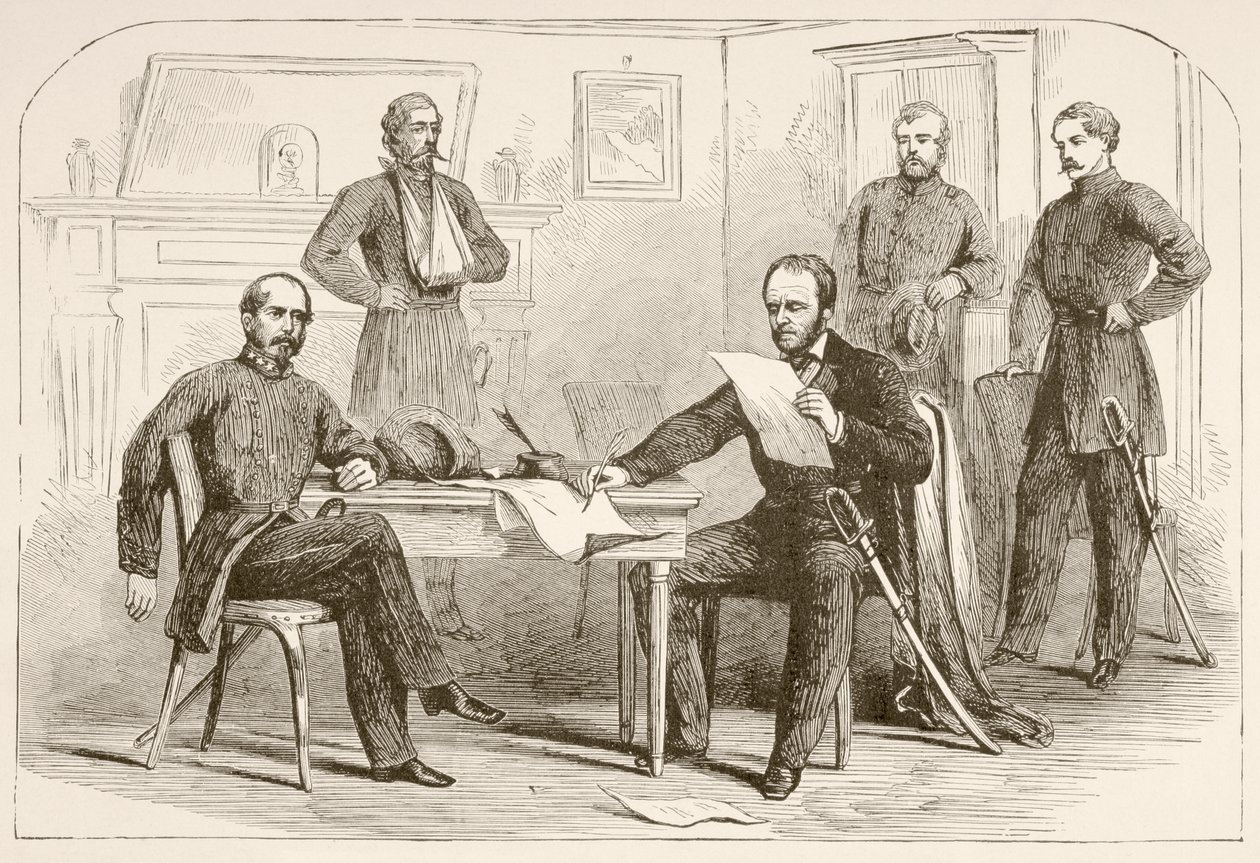 El General Joseph Eggleston Johnston rinde el Ejército de Tennessee al General William Tecumseh Sherman (litografía) de English School