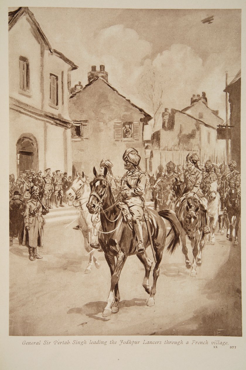 General Sir Pertab Singh liderando a los lanceros de Jodhpur a través de un pueblo francés, 1914-19 de English School