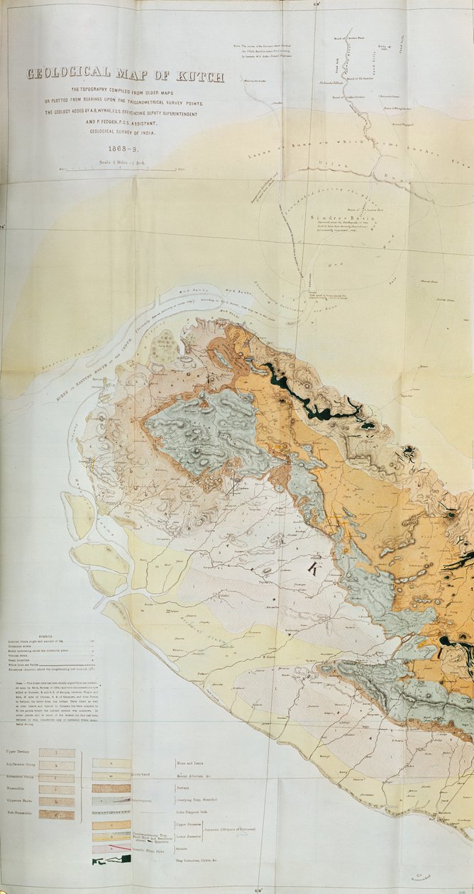 Mapa geológico de la región de Kutch en la India, Encuesta Geológica de la India 1868-69 de English School
