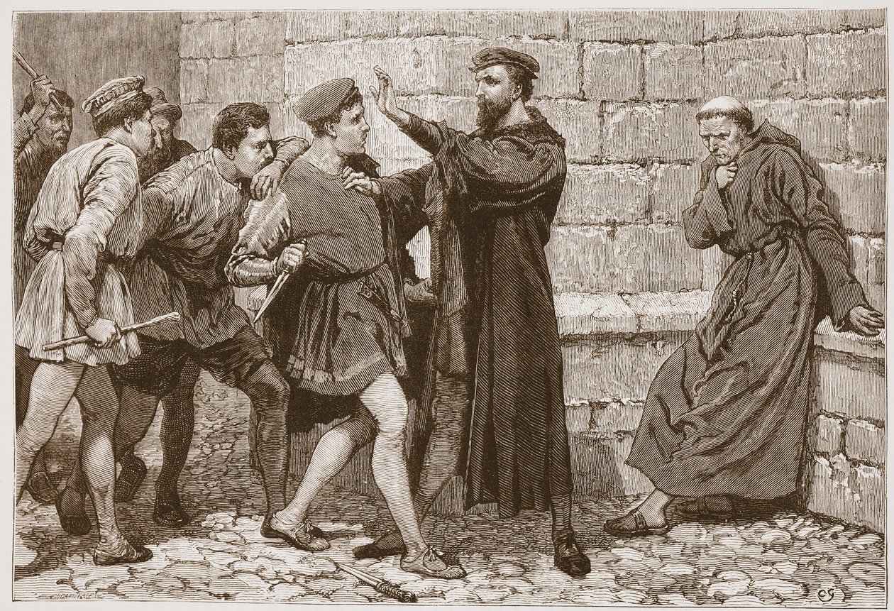 George Wishart protegiendo a su posible asesino, ilustración de "The History of Protestantism" de James Aitken Wylie (1808-1890), pub. 1878 (grabado) de English School