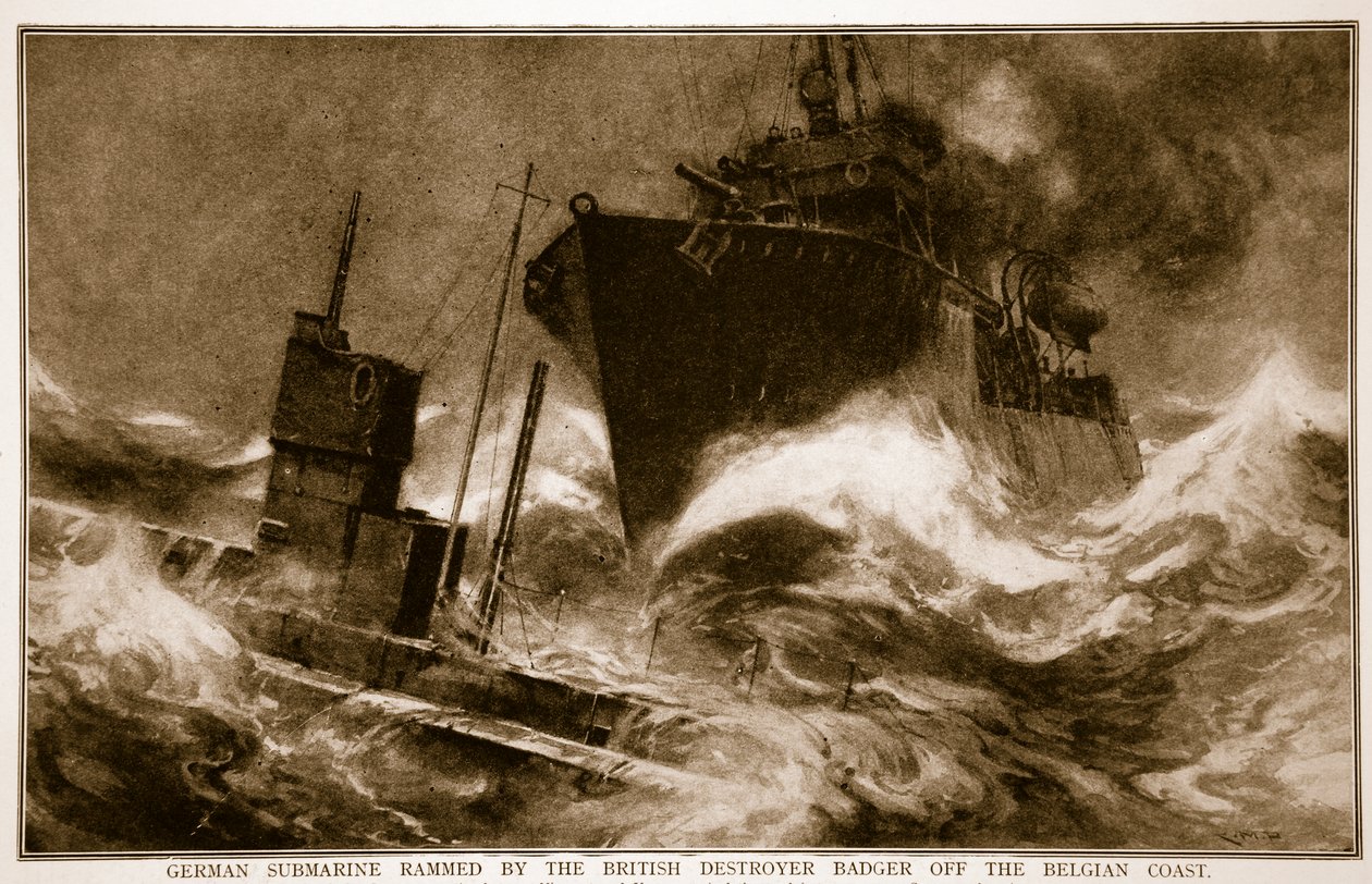 Submarino alemán embestido por el destructor británico Badger frente a la costa belga, 1914-19 de English School