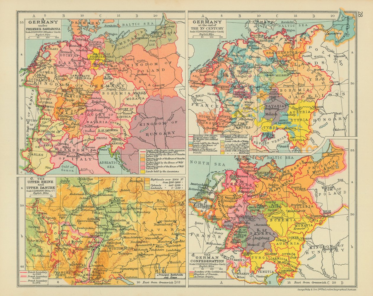 Alemania bajo Federico Barbarroja. Alemania a finales del siglo XV. El Alto Rin y el Alto Danubio (litografía en color) de English School