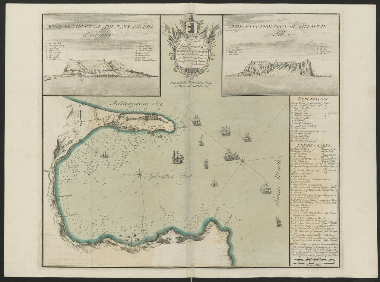 Bahía de Gibraltar (Perspectiva oeste y este de G. Hill.) Por C. Price, c.1730 (litografia en color) de English School