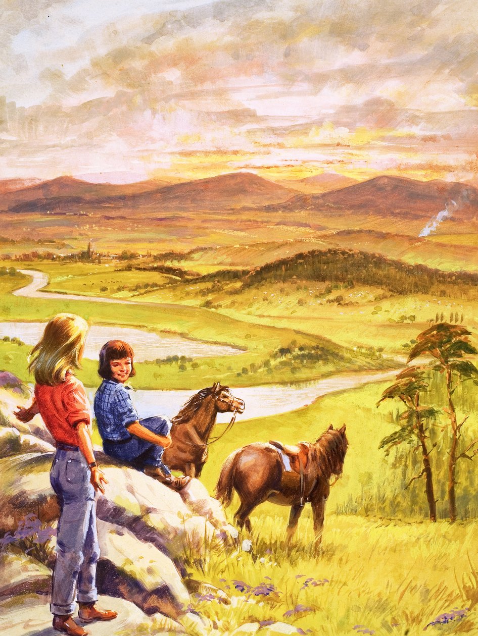 Niñas y ponis mirando al campo (gouache sobre papel) de English School