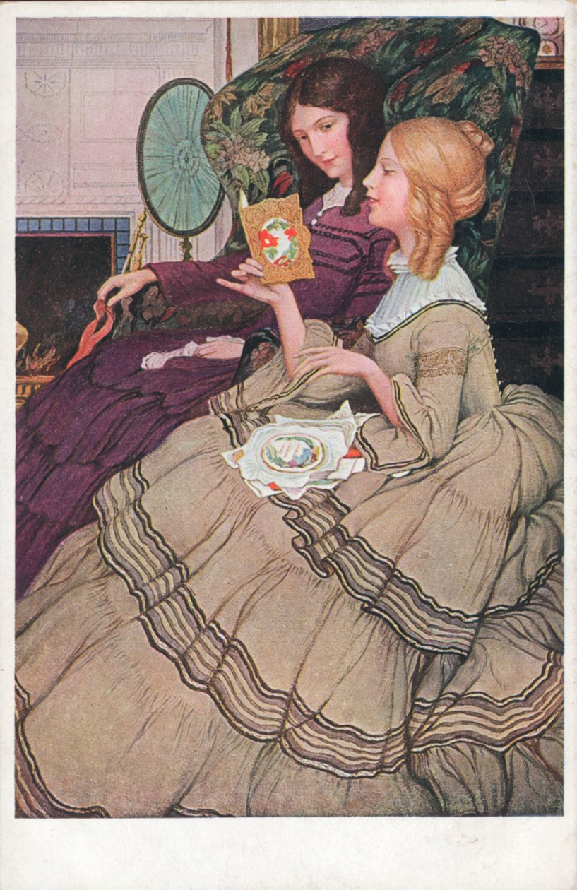 Niñas leyendo tarjetas de San Valentín (litografía en color) de English School