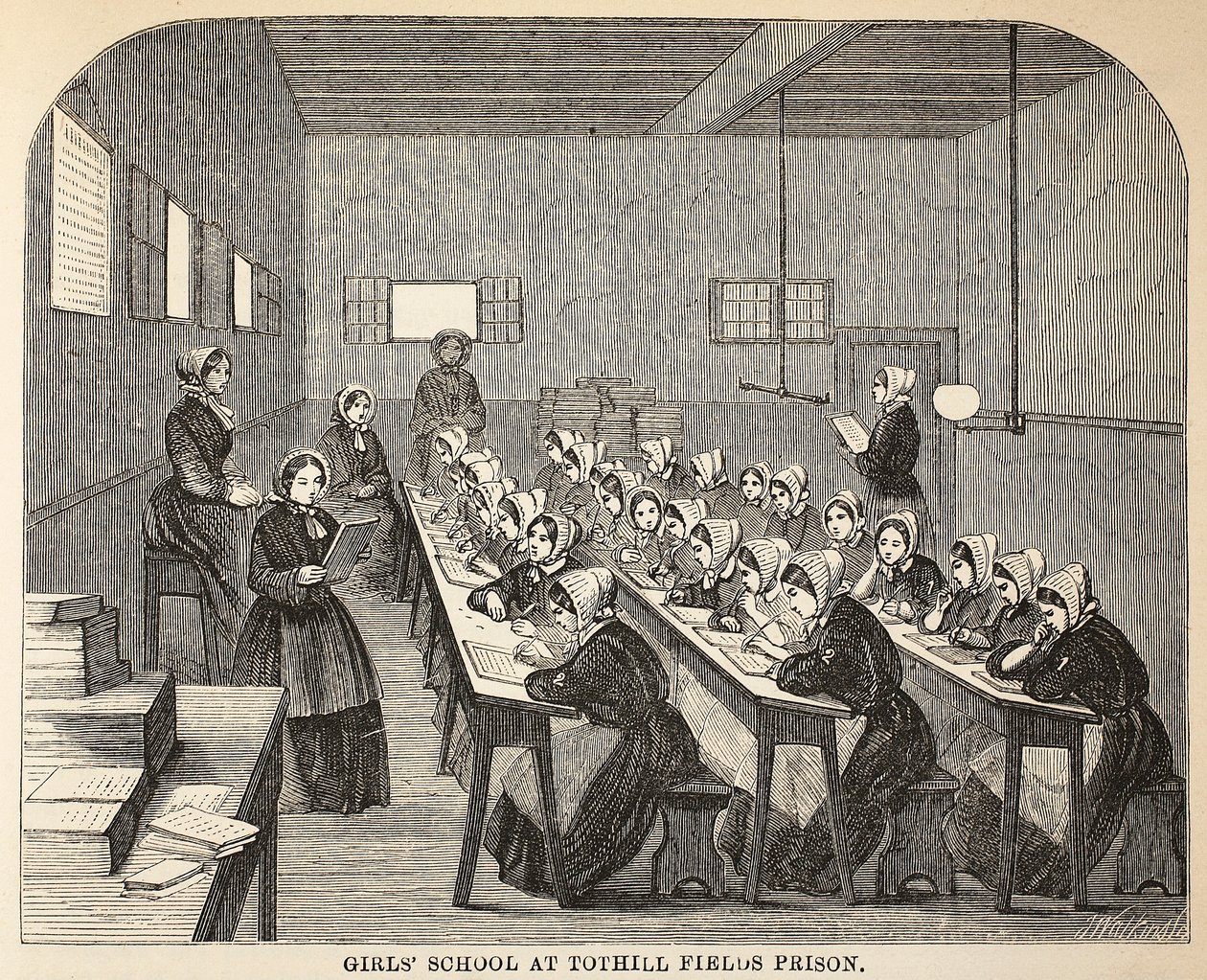 Escuela de niñas en la prisión de Tothill Fields, ilustración de Las prisiones criminales de Londres y escenas de la vida en prisión de Henry Mayhew y John Binny, pub. 1862 de English School
