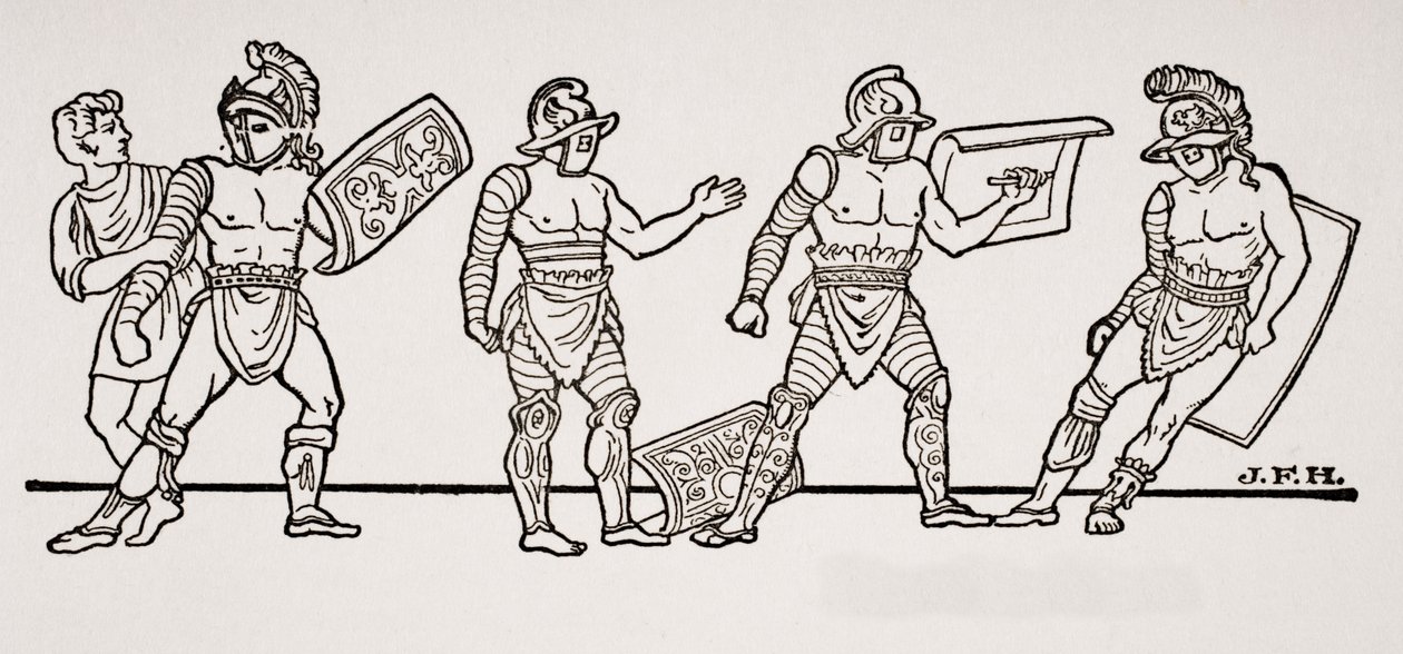 Gladiadores, de una pintura mural en Pompeya, ilustración de The Outline of History de H.G. Wells, Volumen I, publicado en 1820 de English School
