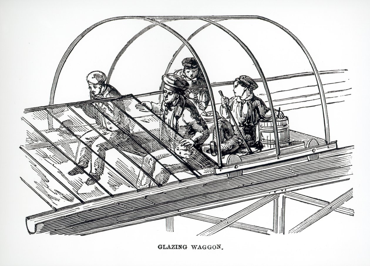 Carro de acristalamiento utilizado en el Palacio de Cristal de Paxton, 1850 de English School