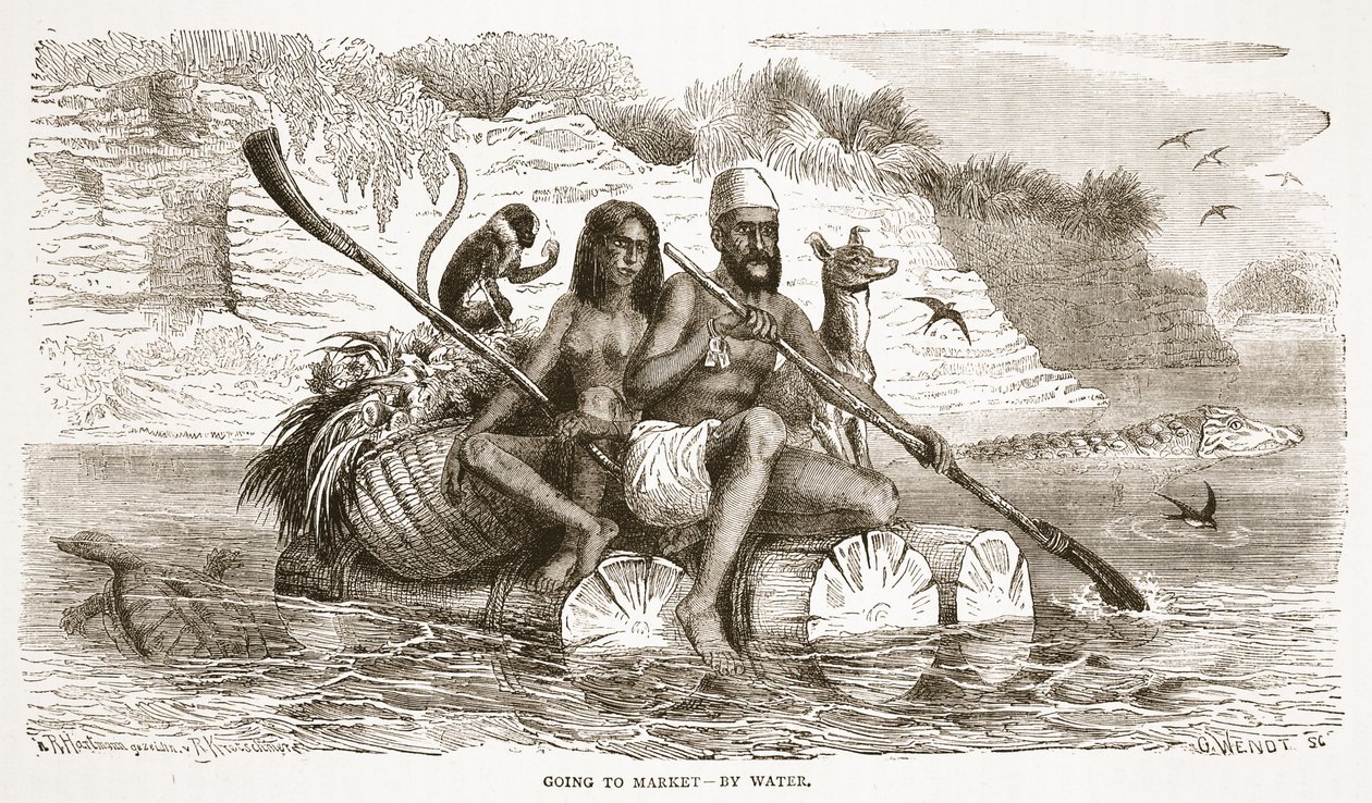 Yendo al mercado - por agua, ilustración de The Pictorial Edition of the Life and Discoveries of David Livingstone por J. Ewing Richie, pub. por A. Fullarton & Co., 1876 de English School