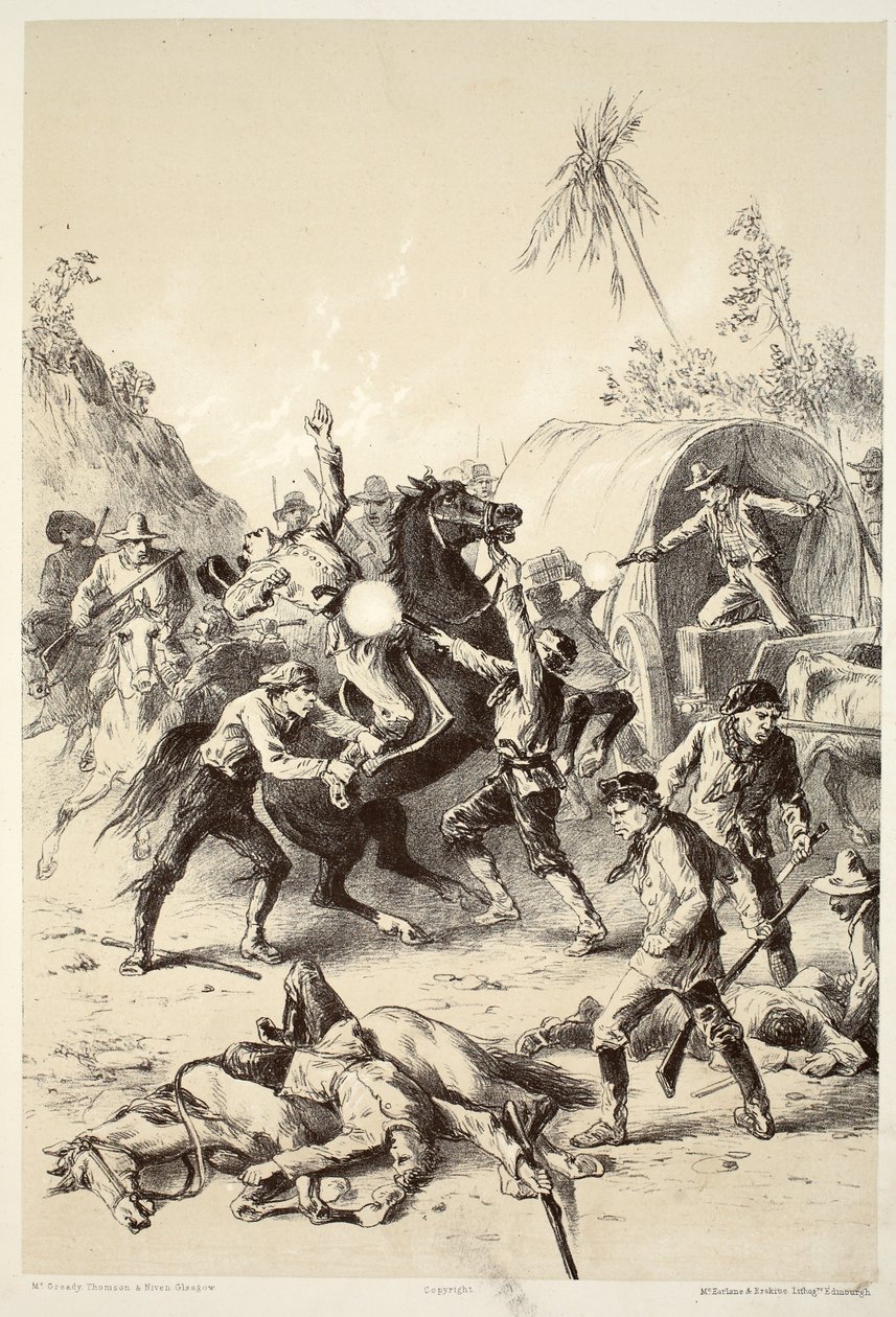Escolta de oro atacada por Bush Rangers, de La Historia de Australasia por David Blair, McGrady, Thomson y Niven, 1879 de English School