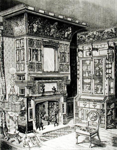 Gabinete gótico y una chimenea altamente decorada de parte de una habitación ambientada por Cox & Sons para Filadelfia de English School