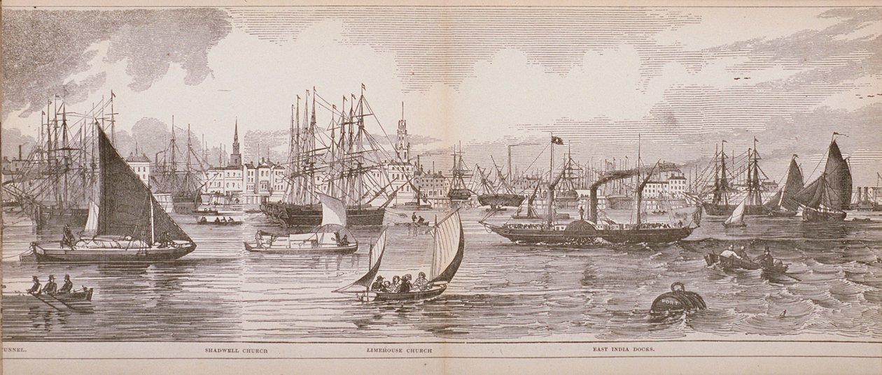 Gran Panorama de Londres, desde el río Támesis mirando hacia Shadwell, East India Docks y Limehouse, 1849 de English School