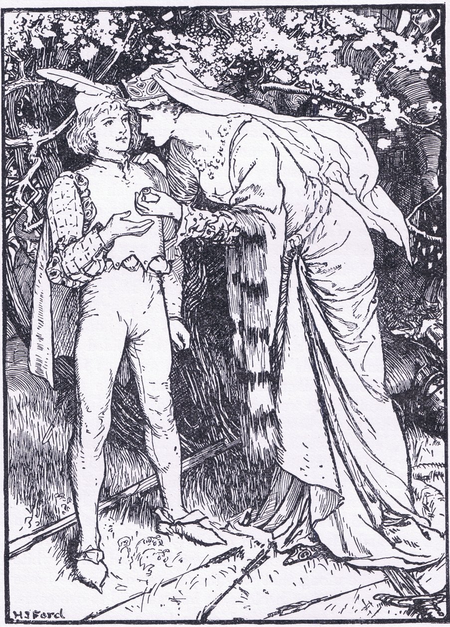 Guenevere envía su paje a Lancelot en busca de ayuda, ilustración de "The Book of Romance" publicado por Longmans Green and Co. de English School