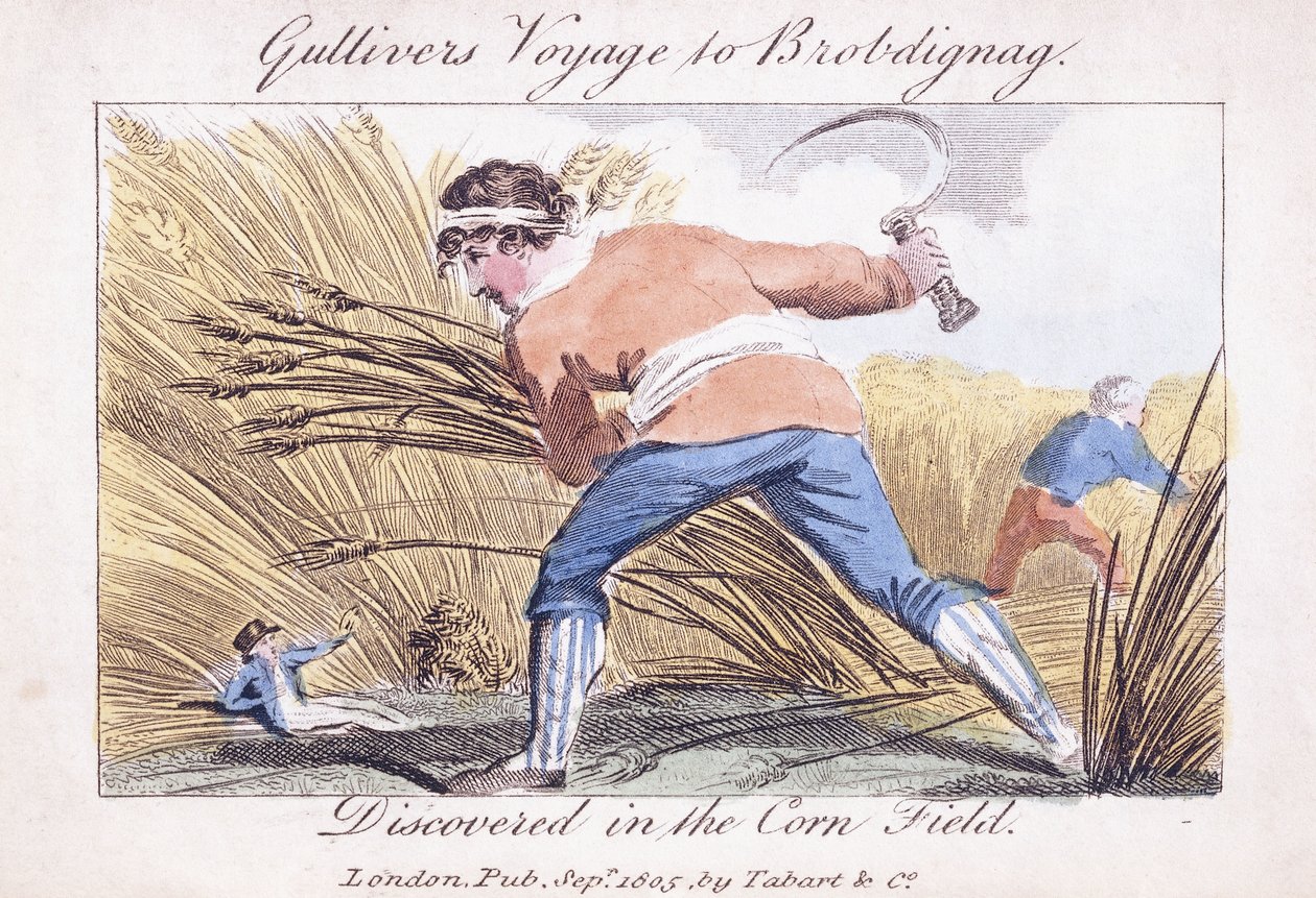 El viaje de Gulliver a Brobdingnag, descubierto en el campo de maíz, 1805 de English School