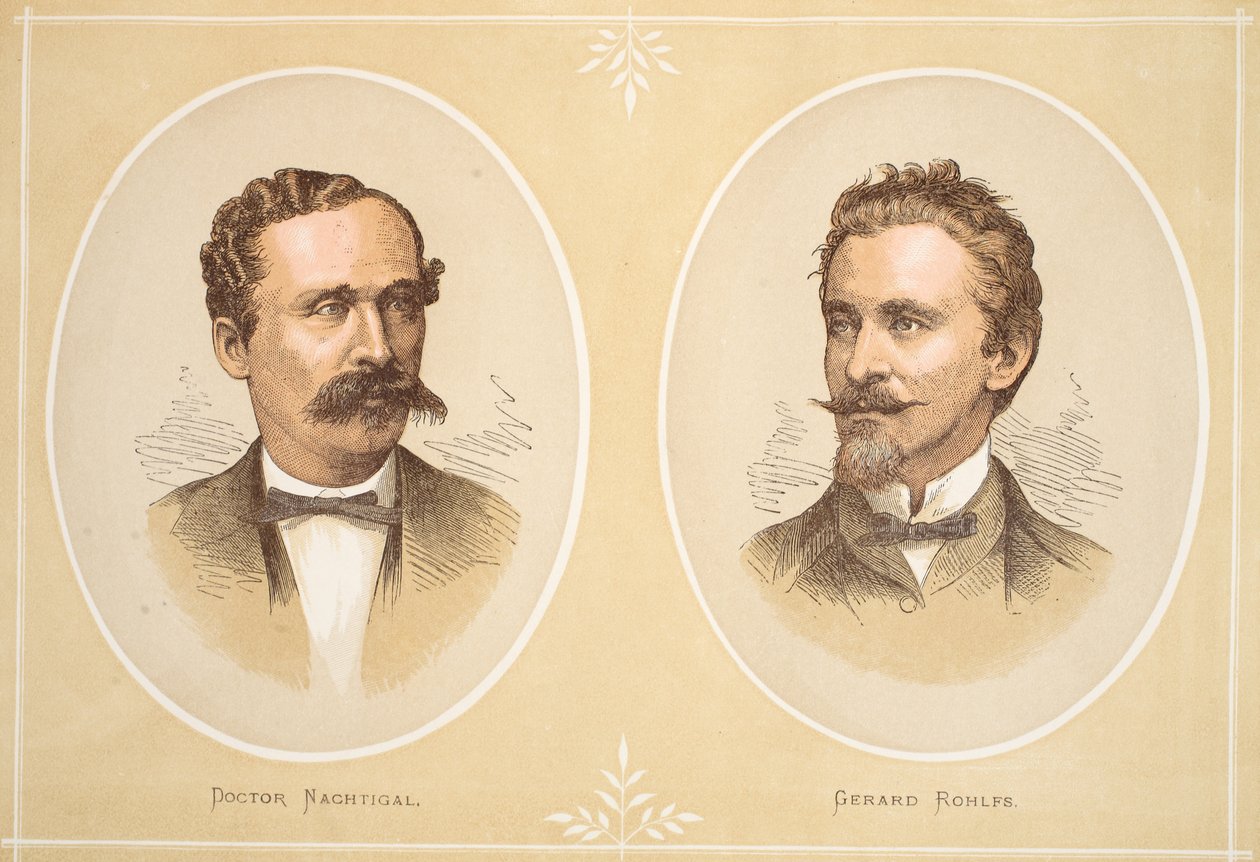 Gustav Nachtigal y Gerard Rohlfs, ilustración de La Edición Pictórica de la Vida y Descubrimientos de David Livingstone por J. Ewing Richie, pub. por A. Fullarton & Co., 1876 de English School