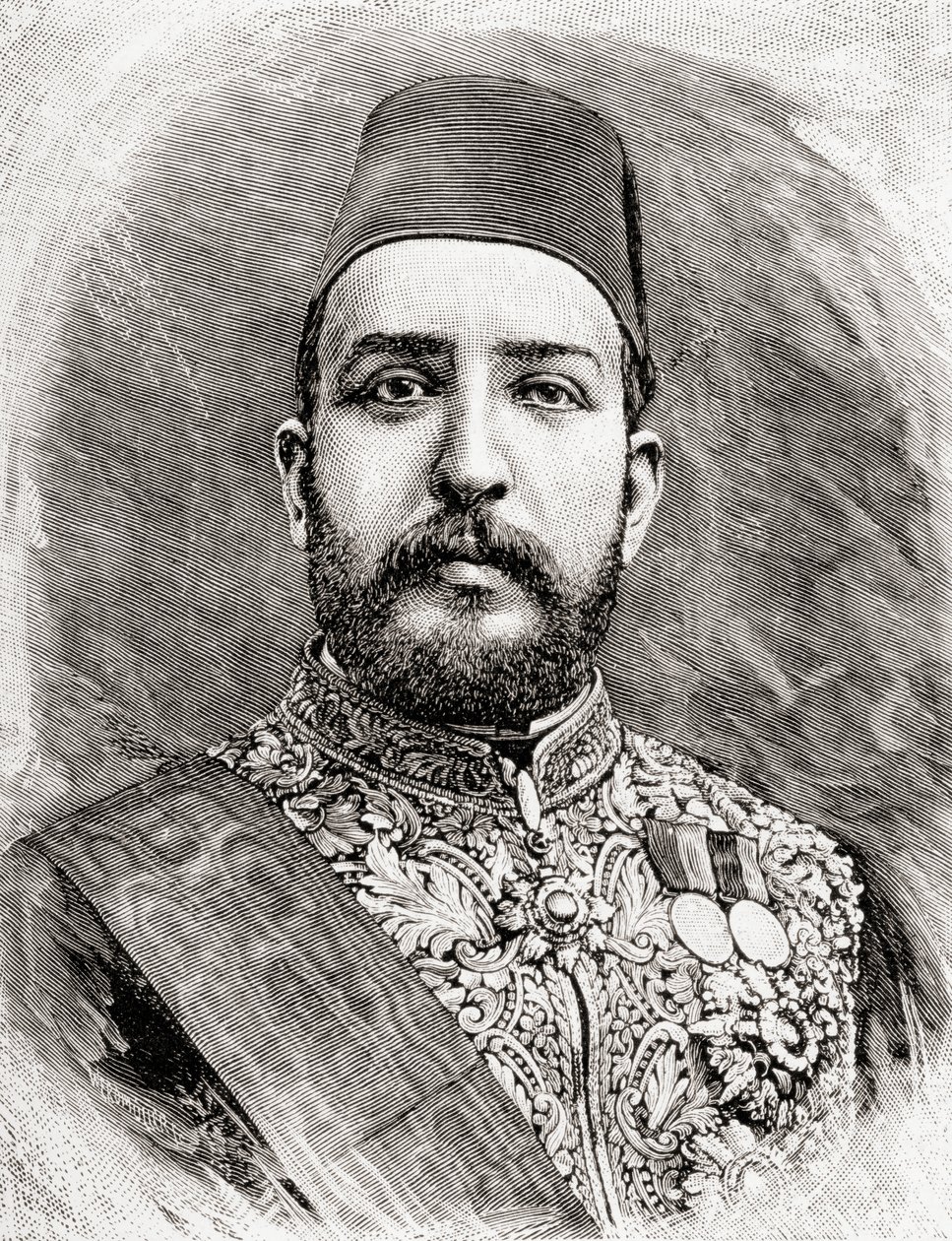 HH Muhammad Tewfik Pasha, Tawfik de Egipto, 1890 (grabado en madera) de English School