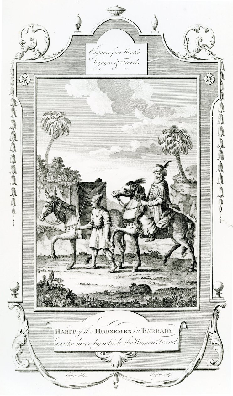 Hábito de los Jinetes en Barbary, ilustración tomada de los Viajes y Aventuras de Moore de English School