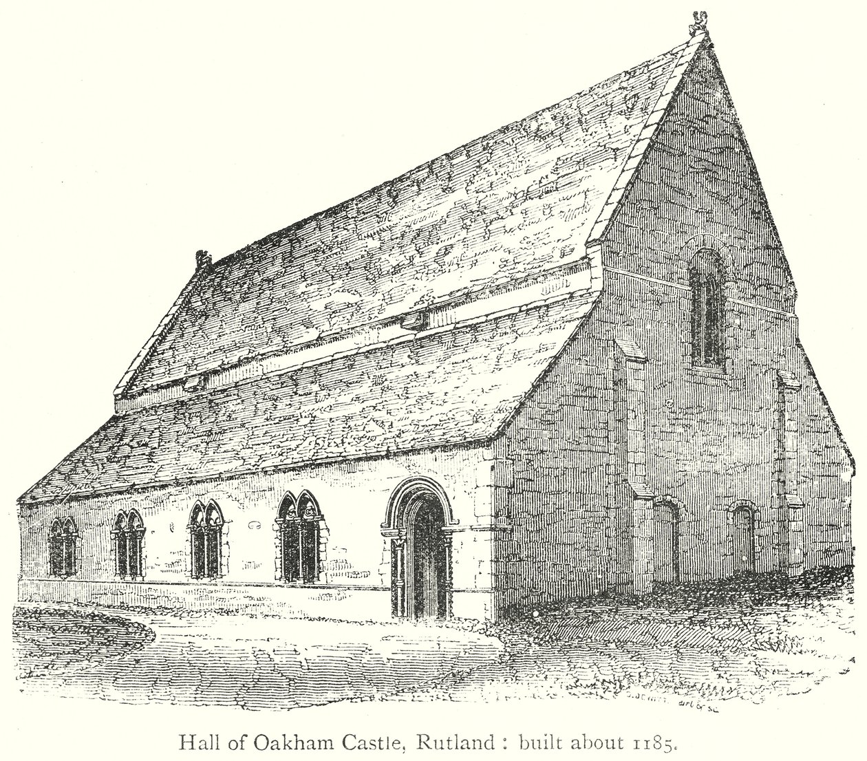 Sala del castillo de Oakham, Rutland: Construido hacia 1185 (grabado) de English School