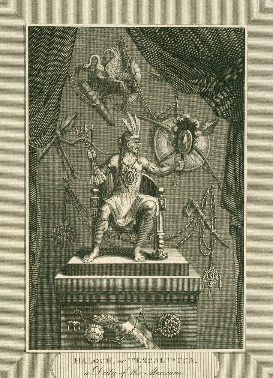 Haloch, o Tescalipuca, una deidad de los mexicanos, ilustración de El Mundo: o el estado actual del Universo, siendo una colección general y completa de viajes y travesías modernas, por Cavendish Pelham de English School