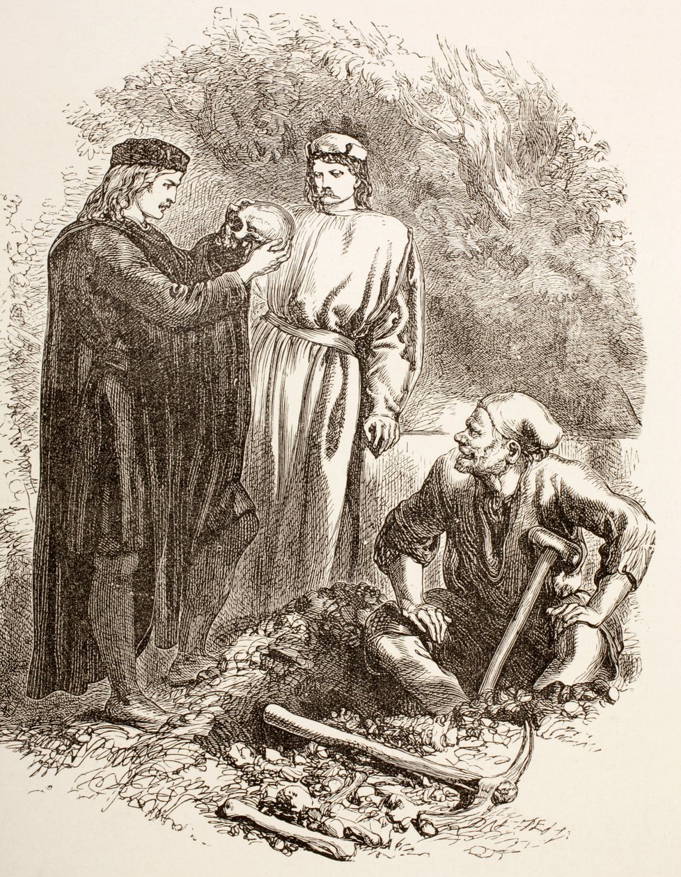 Hamlet sostiene el cráneo de Yorick, ilustración del Acto V, Escena I en Hamlet, de 