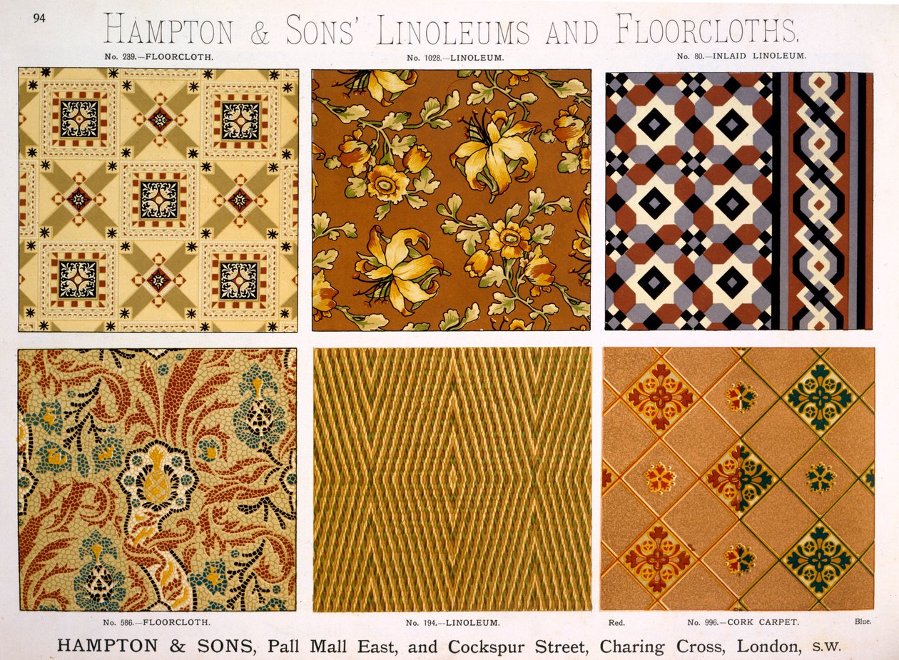 Diseños de Hampton & Sons para Linóleos y Alfombras, finales del siglo XIX de English School